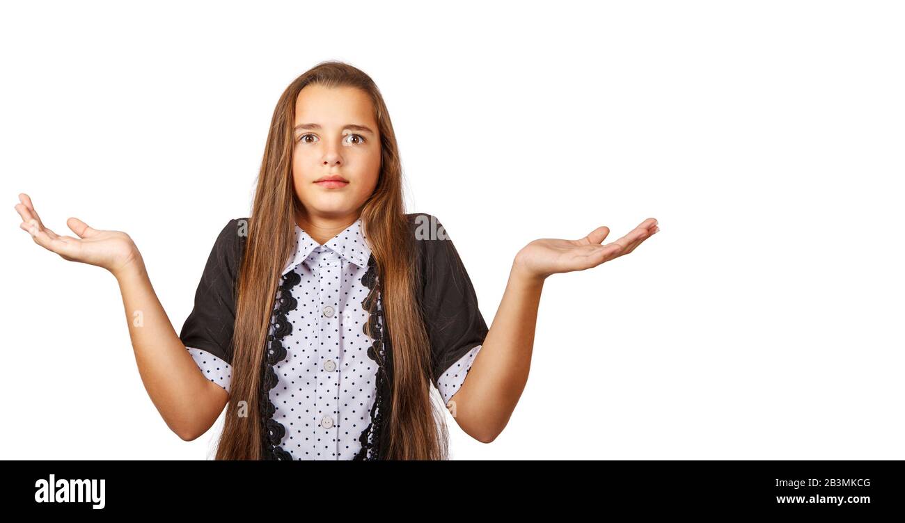 sorpresa ragazza teen che getta le sue mani in bewilderment closeup isolato su bianco Foto Stock