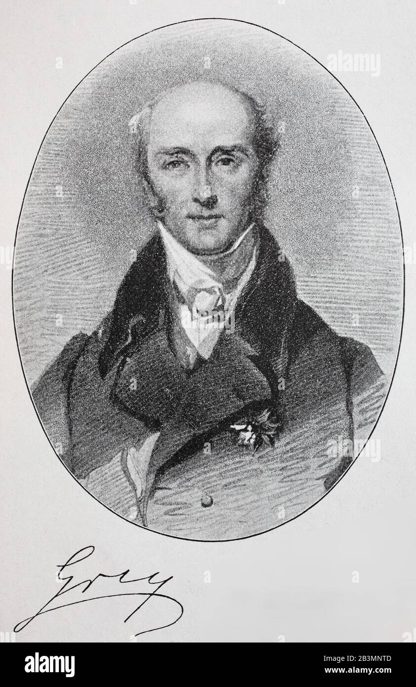 Charles Gray, 2nd Earl Grey, KG, PC, 13 marzo 1764 – 17 luglio 1845, noto come Viscount Howick tra il 1806 e il 1807, è stato primo ministro del Regno Unito dal novembre 1830 al luglio 1834 / Charles Gray, 2. Earl Grey, KG, PC, 13. März 1764 - 17. Juli 1845, bekannt als Viscount Howick Zwischen 1806 und 1807, War von November 1830 bis Juli 1834 Premierminister des Vereinigten Königreichs, Historisch, Digital migliorata riproduzione di un originale del 19th secolo / digitale Reproduktion einer Originallage voraus dem 19. Jahrhundert Foto Stock