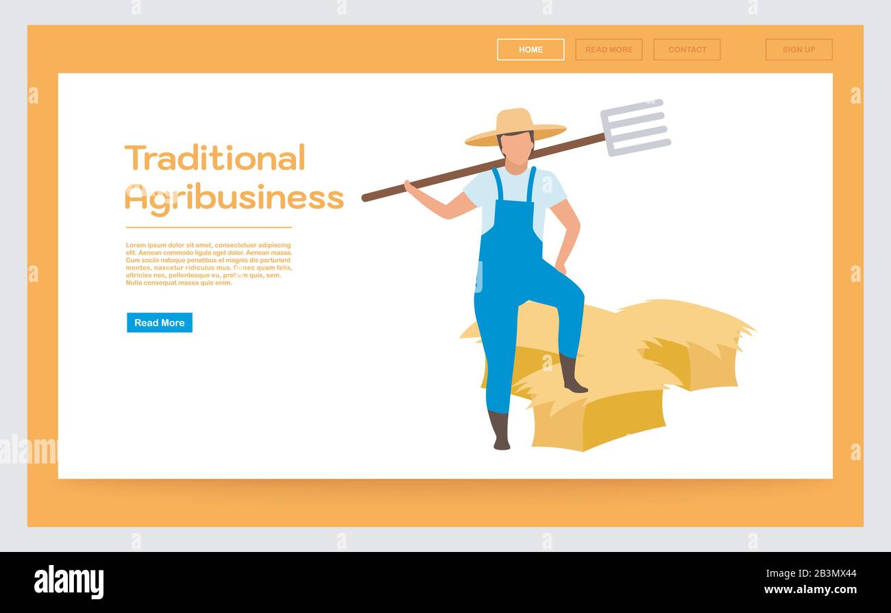 Modello vettoriale tradizionale della landing page agribusiness. Hay Harvesting website interface idea with flat illustrazioni. Homepage agricoltura e agricoltura Illustrazione Vettoriale