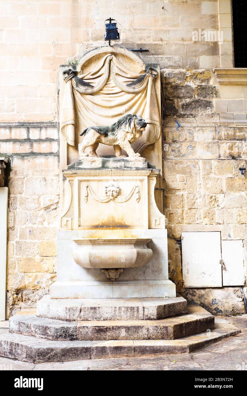 Fontana pubblica con un leone - Valletta, Malta Foto Stock