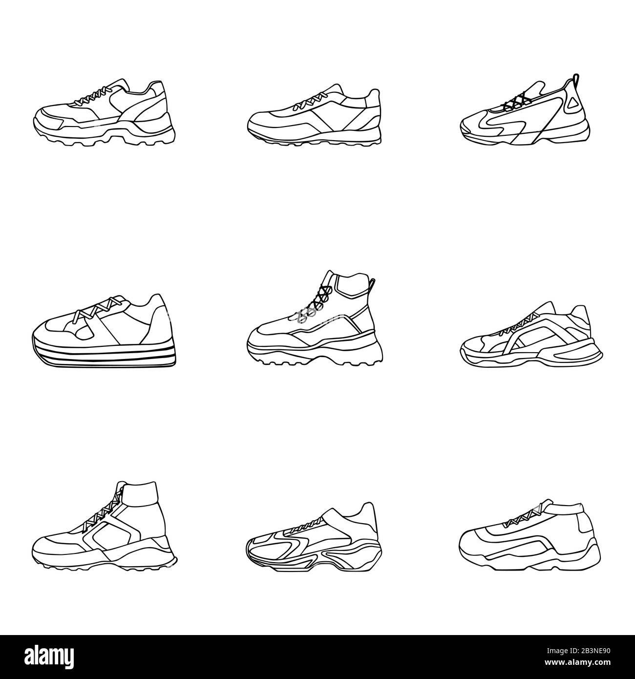 Set Di sneakers icona vettoriale. Scarpe lineari nere su sfondo bianco.semplice illustrazione di fitness e sport, scarpe da ginnastica. Grafica del negozio di segni Illustrazione Vettoriale