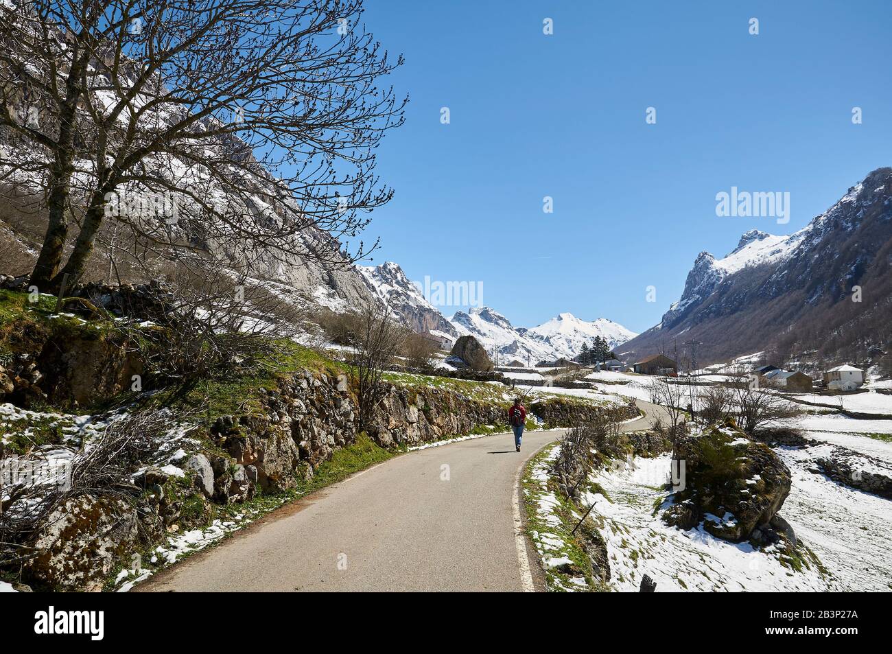 Escursionista femminile in PR.AS-15 percorso escursionistico con montagne innevate in lontananza (Valle del Lago, Parco Naturale Somiedo, Asturie, Spagna) Foto Stock