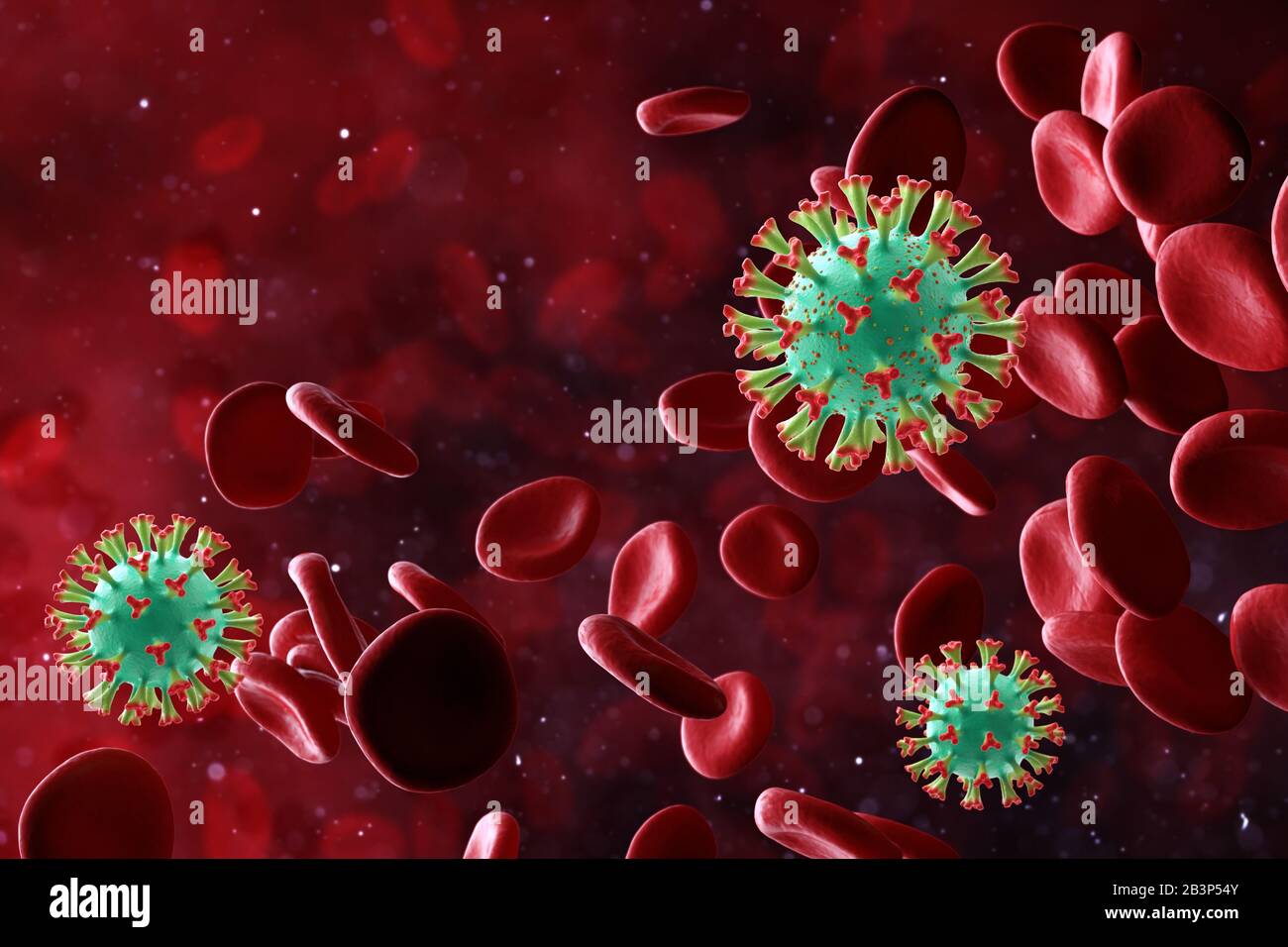 Nuovi virus patogeni che causano gravi malattie e pericoli epidemici. 3d illustrazione delle cellule del sangue e della struttura del virus epidemico. Foto Stock