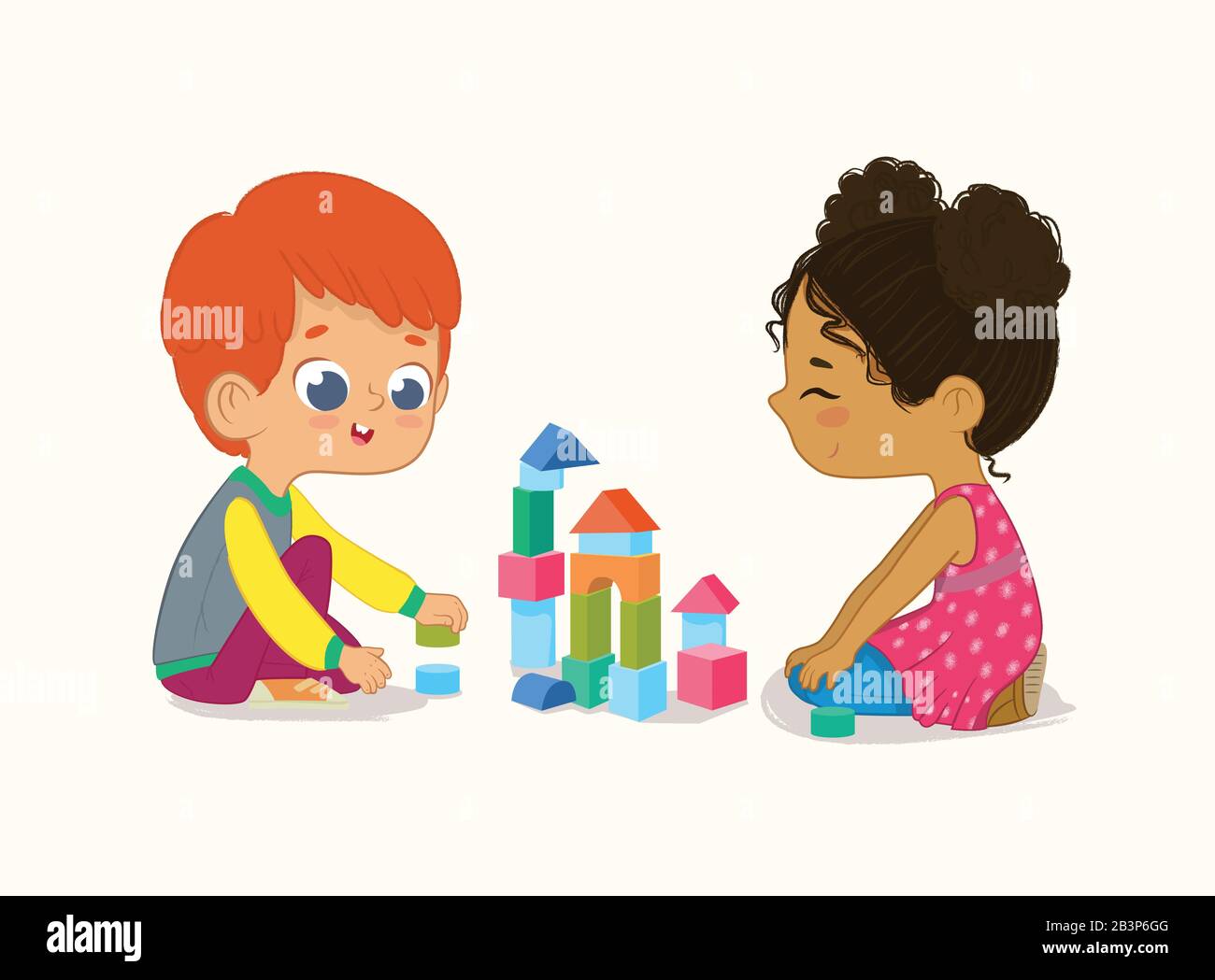 Prescolare Red Hair Boy e African American Girl Kids giocando con mattoni e blocchi di legno insieme nella sala dell'asilo. Illustrazione del vettore Illustrazione Vettoriale