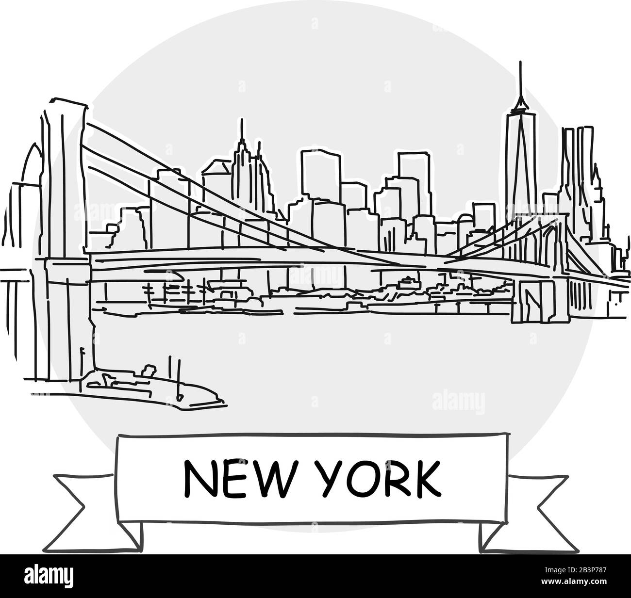 New York Cityscape Vector Sign. Illustrazione dell'arte di linea con barra multifunzione e titolo. Illustrazione Vettoriale