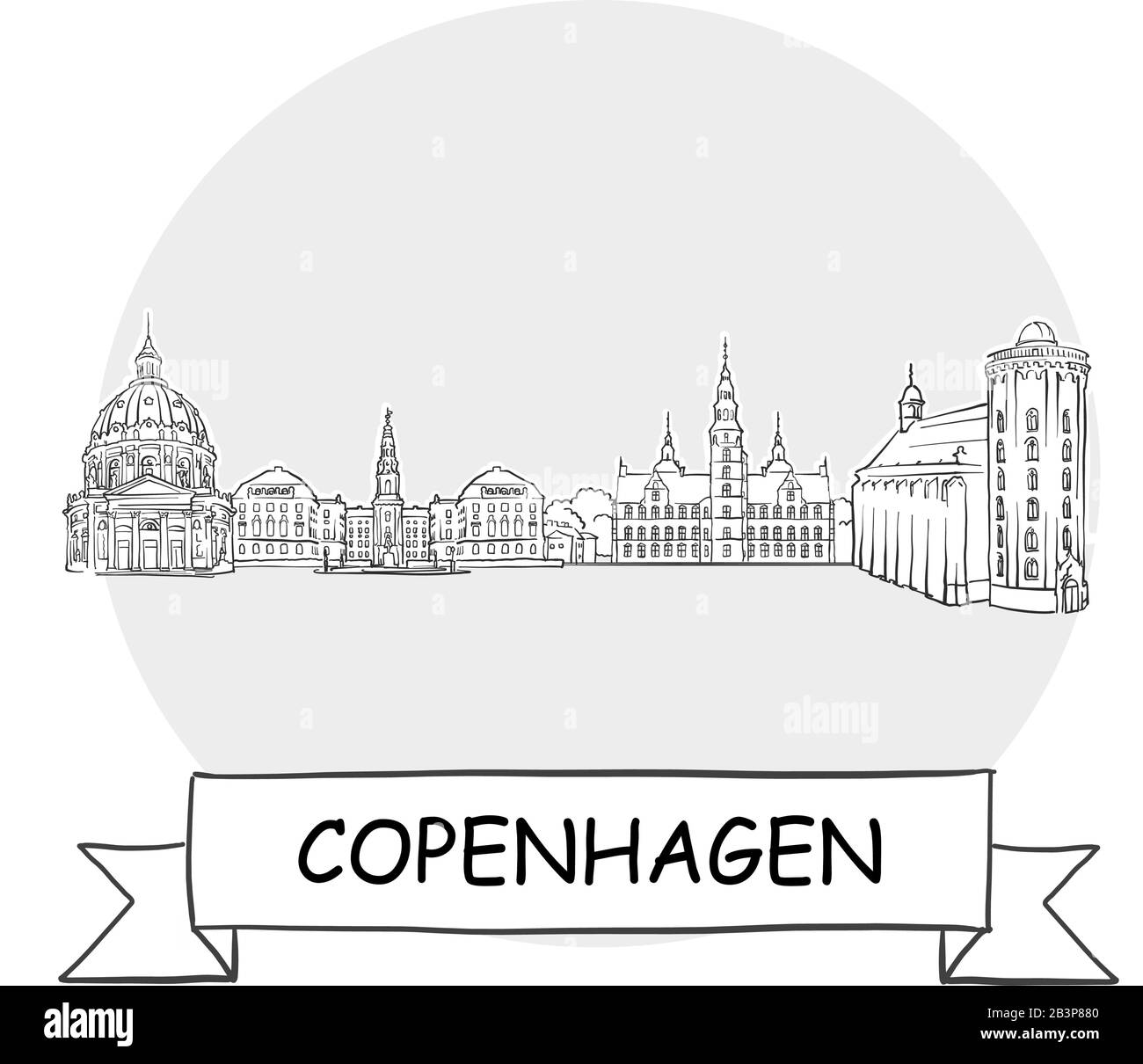 Copenhagen Cityscape Vector Sign. Illustrazione dell'arte di linea con barra multifunzione e titolo. Illustrazione Vettoriale