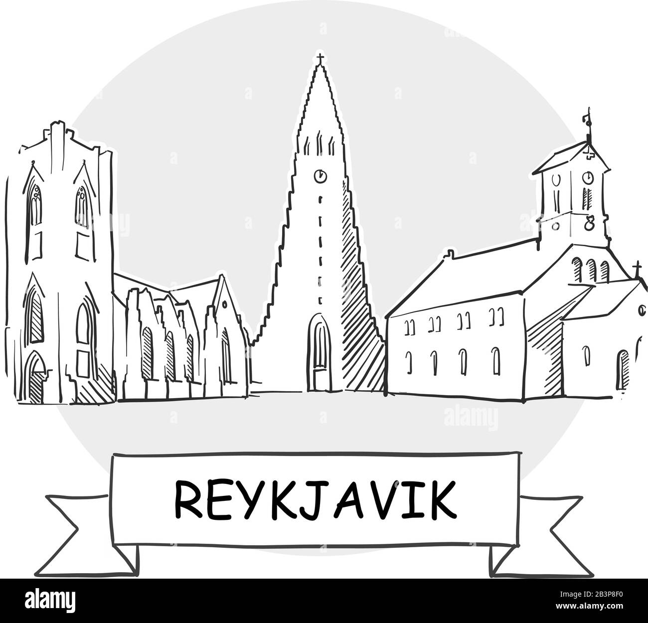 Segnale Vettore Cityscape Di Reykjavik. Illustrazione dell'arte di linea con barra multifunzione e titolo. Illustrazione Vettoriale
