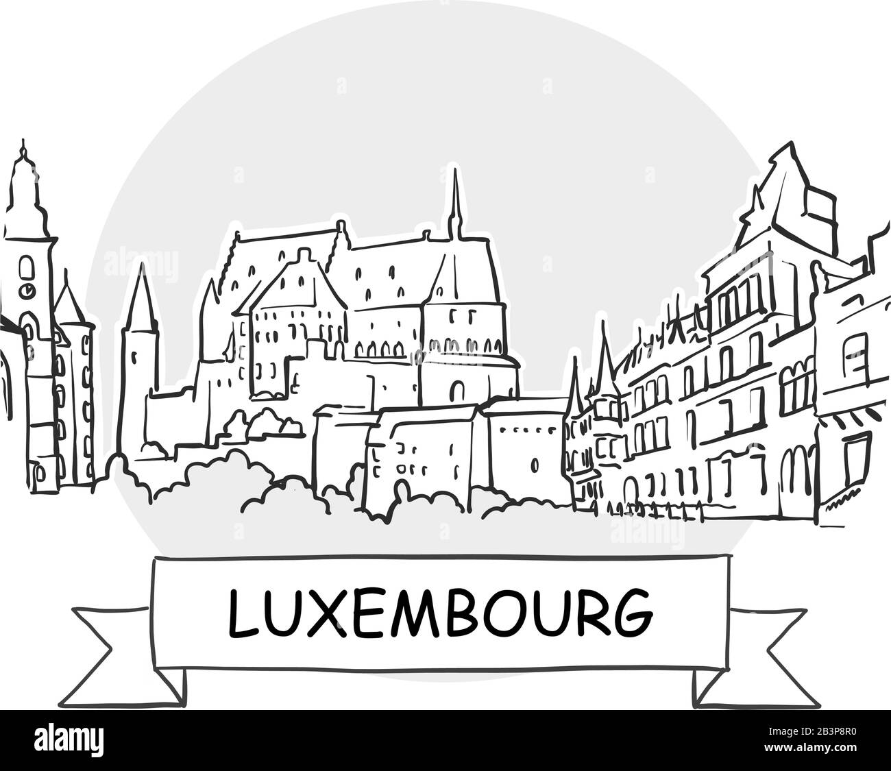 Lussemburgo Cityscape Vector Sign. Illustrazione dell'arte di linea con barra multifunzione e titolo. Illustrazione Vettoriale