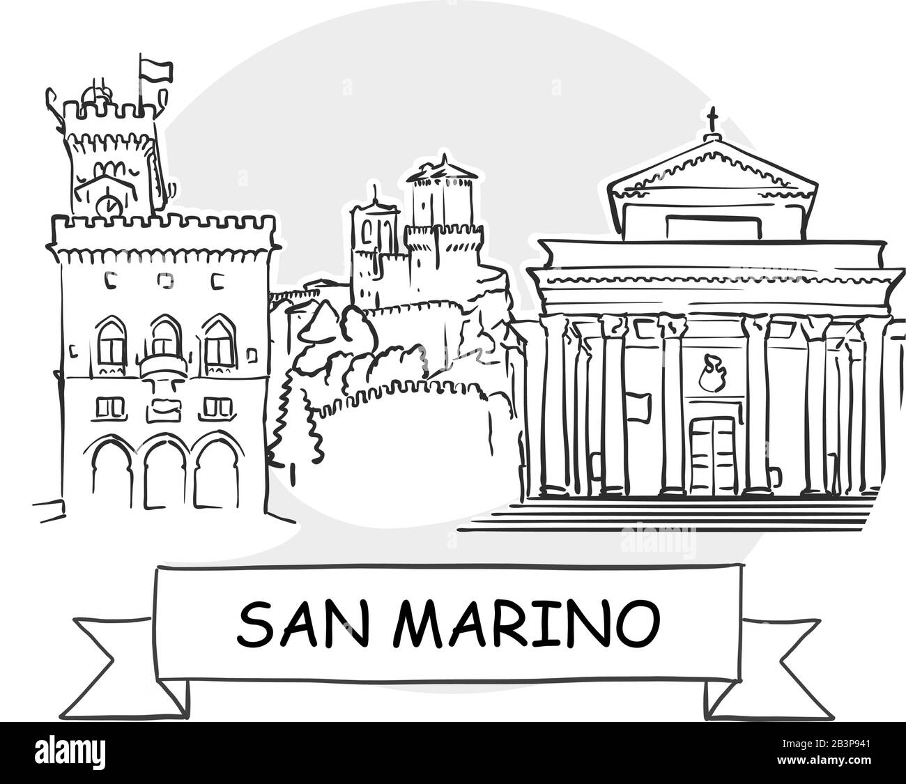 Segno Vettoriale Della Città Di San Marino. Illustrazione dell'arte di linea con barra multifunzione e titolo. Illustrazione Vettoriale