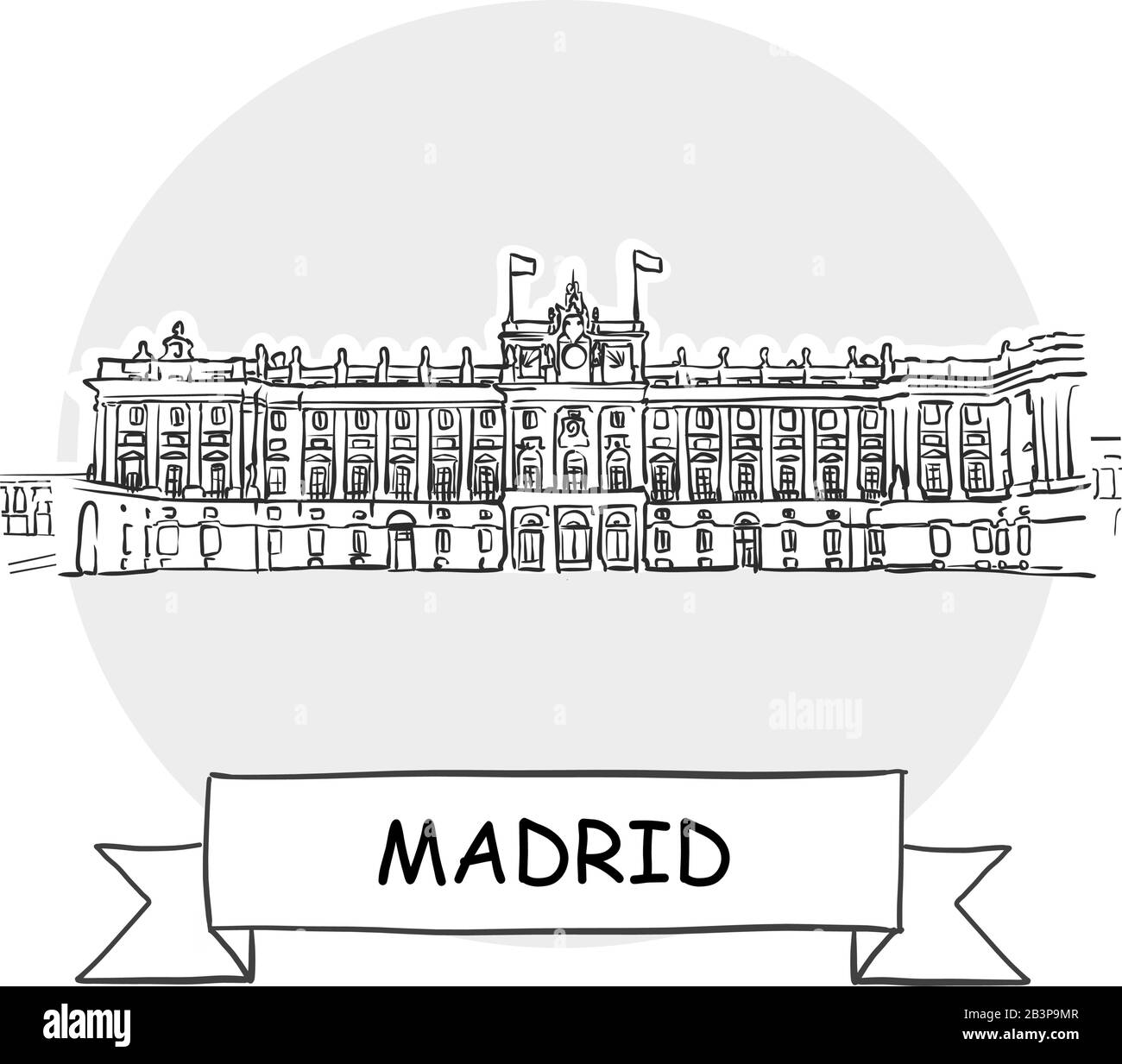 Segno Vettoriale Della Città Di Madrid. Illustrazione dell'arte di linea con barra multifunzione e titolo. Illustrazione Vettoriale