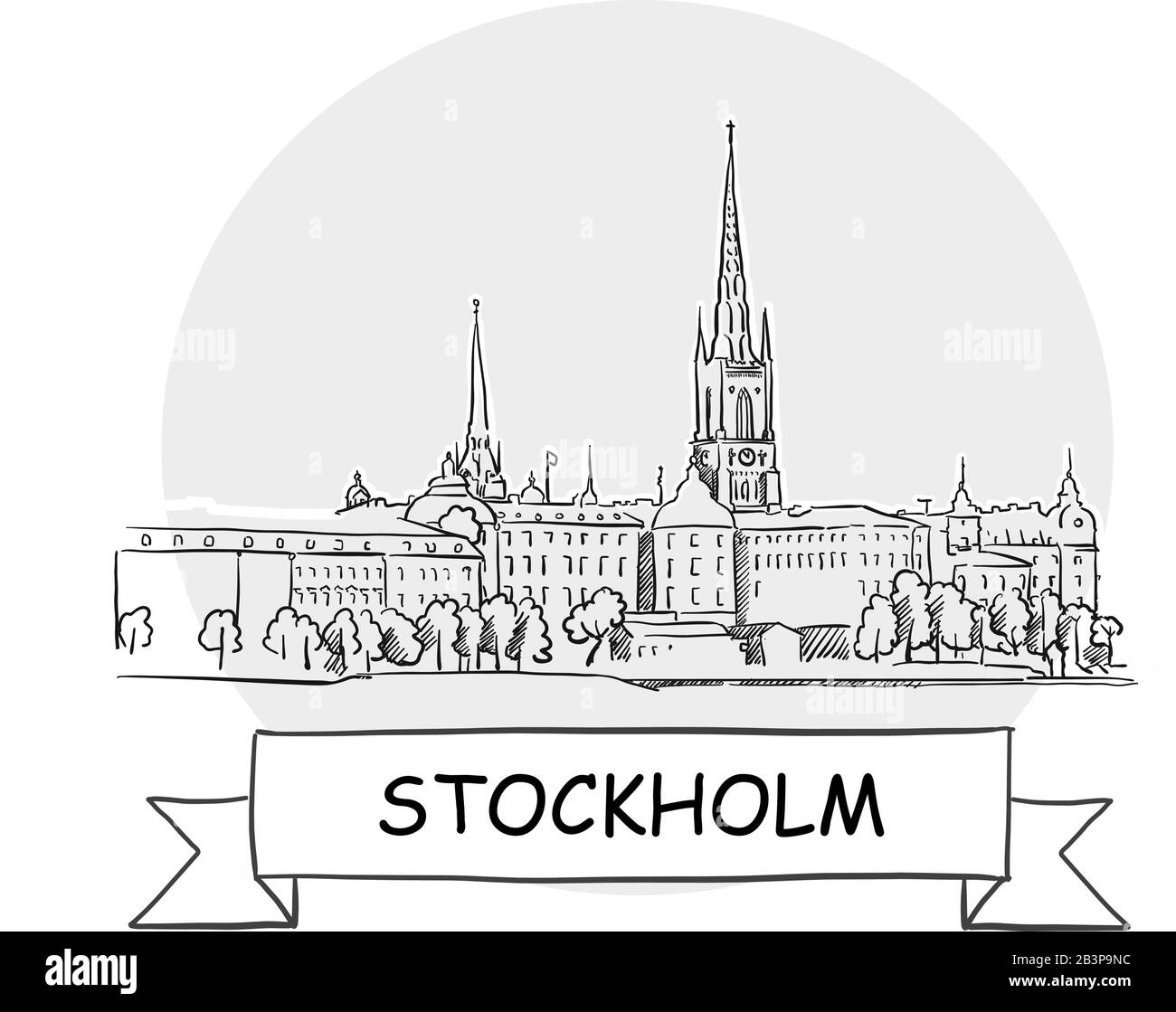 Stockholm Cityscape Vector Sign. Illustrazione dell'arte di linea con barra multifunzione e titolo. Illustrazione Vettoriale