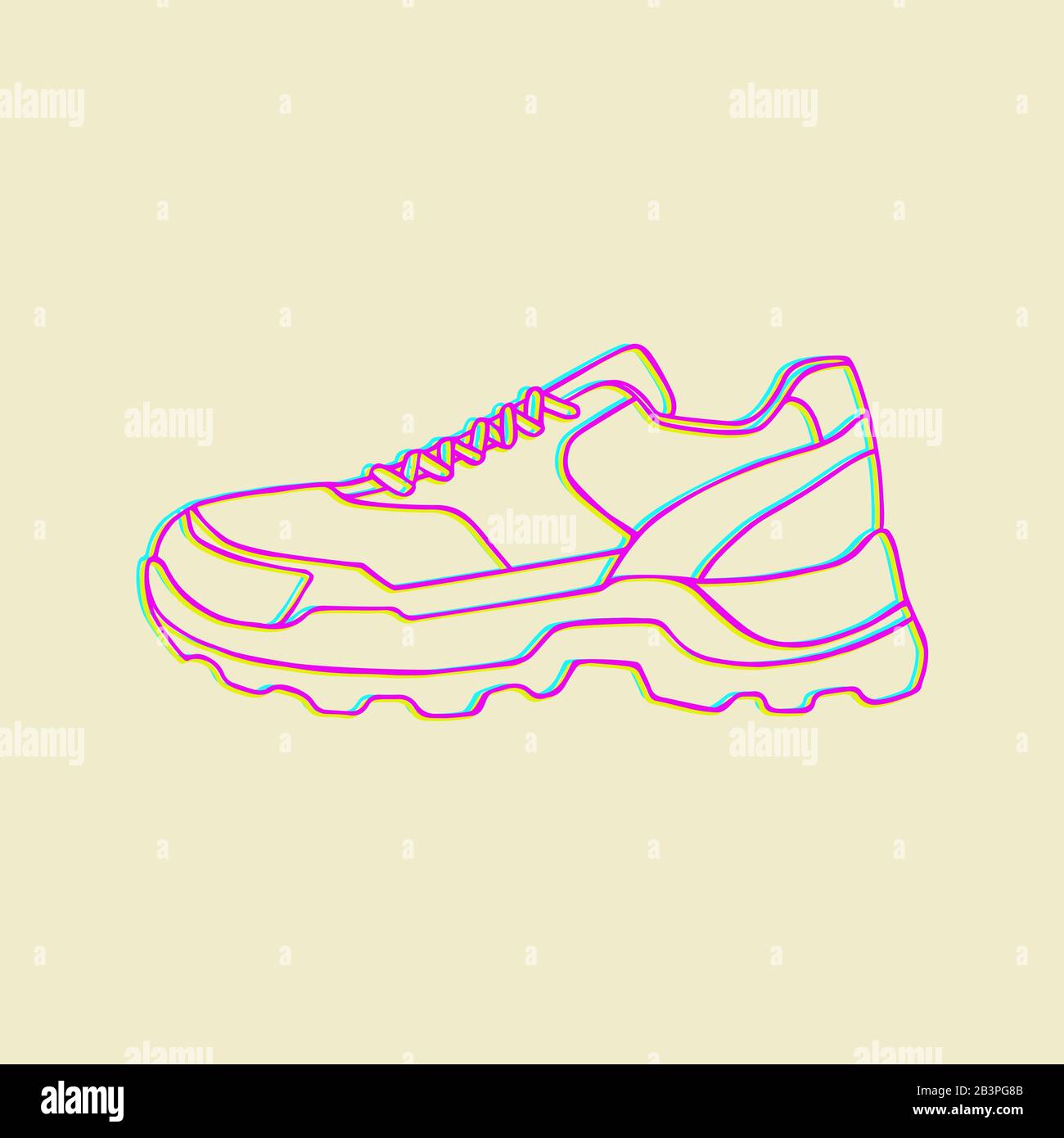 Icona vettore sneakers. Scarpe Neon Linear luminose su sfondo giallo chiaro.semplice illustrazione di fitness e sport, scarpe da ginnastica. Grafica del negozio di segni Illustrazione Vettoriale