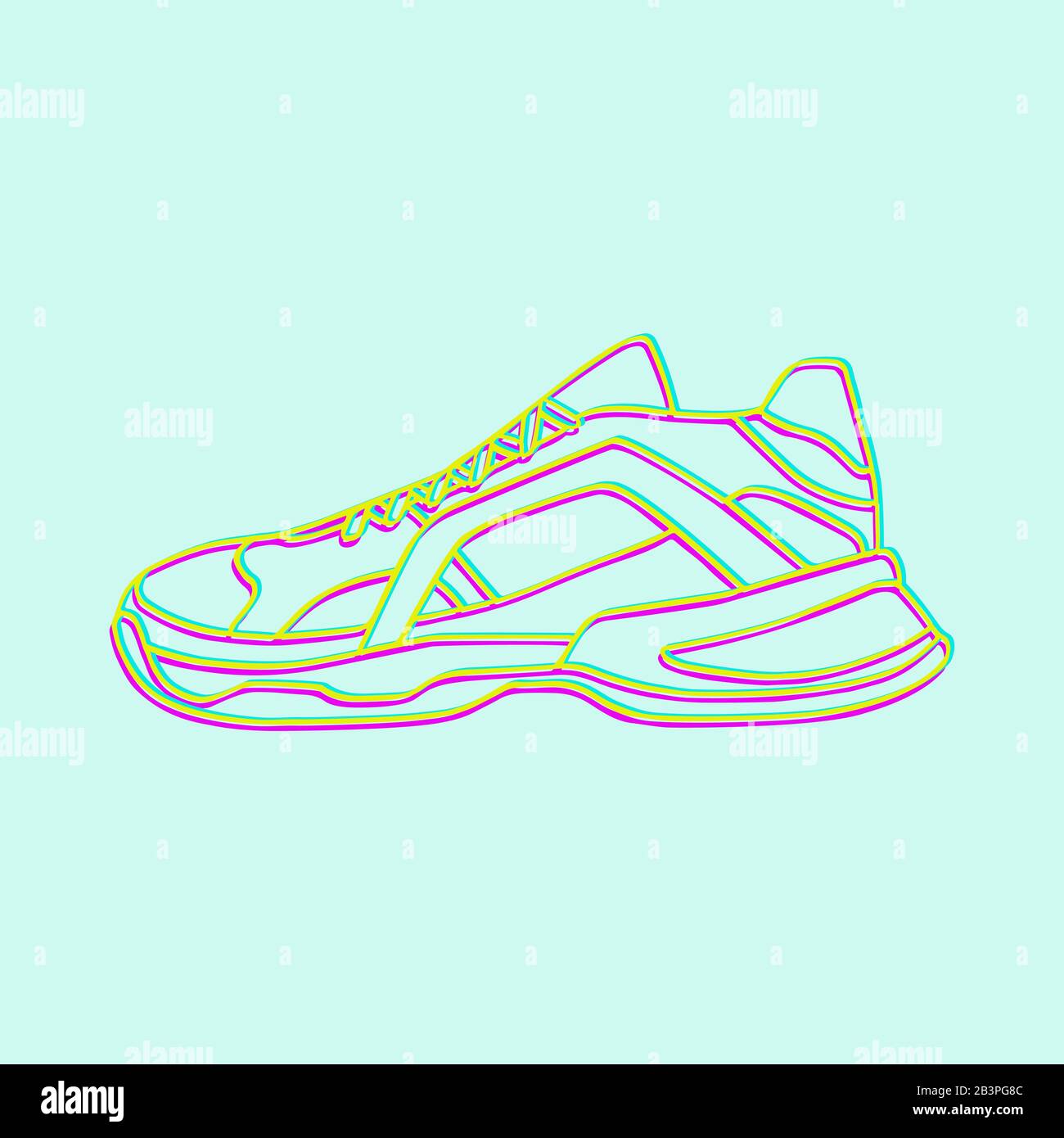 Icona vettore sneakers. Scarpe Neon Linear luminose su sfondo azzurro.semplice illustrazione di fitness e sport, scarpe da ginnastica. Grafica del negozio di segni Illustrazione Vettoriale