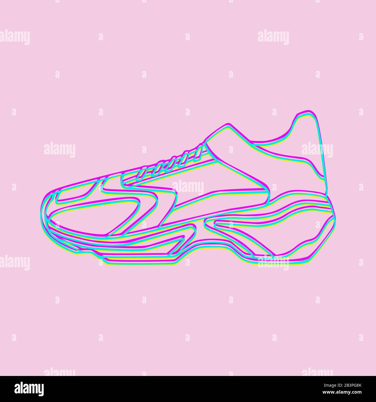 Icona vettore sneakers. Scarpe Neon Linear luminose su sfondo rosa. Semplice illustrazione di fitness e sport, scarpe da ginnastica. Grafica del negozio di segni Illustrazione Vettoriale