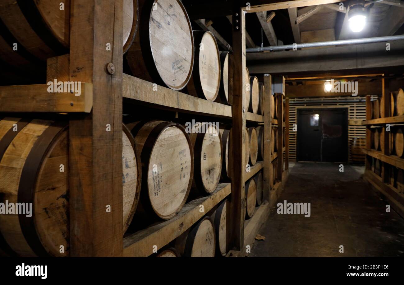 Botti di whisky nella barrelhouse della distilleria Jack Daniel.Lynchburg.Tennessee.USA Foto Stock