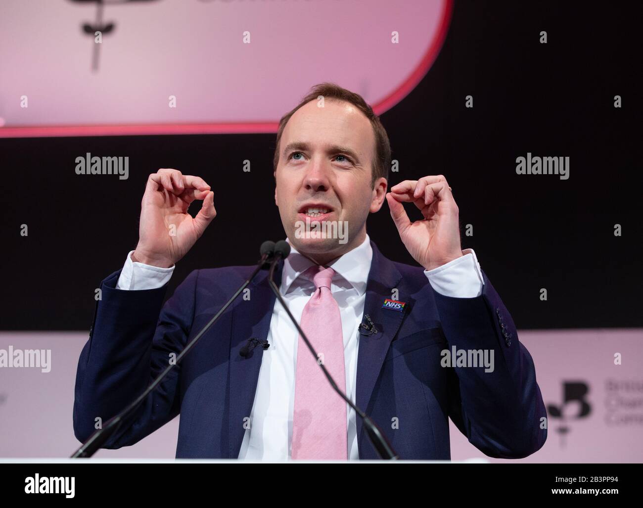 Matt Hancock, Segretario di Stato per la salute, ha tenuto il suo discorso alla British Chambers of Commerce Annual Conference 2020 a Westminster, Londra. Foto Stock