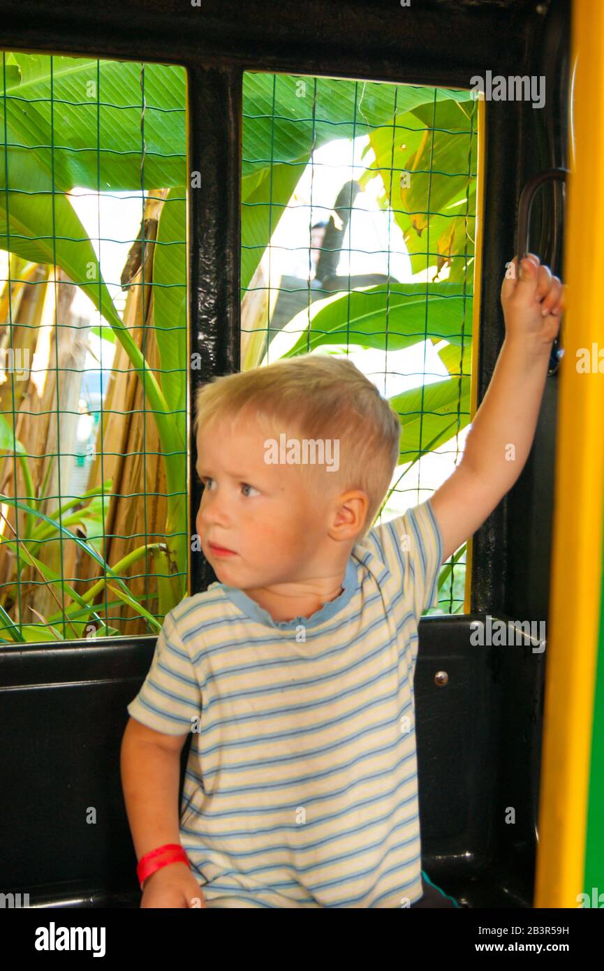 Un bambino di tre anni fa si muove in un trenino verde-giallo per bambini in un parco divertimenti in Riviera, Sochi, di fronte allo spettatore. Riposo, tropici, riposo, attivazione. Foto verticale Foto Stock