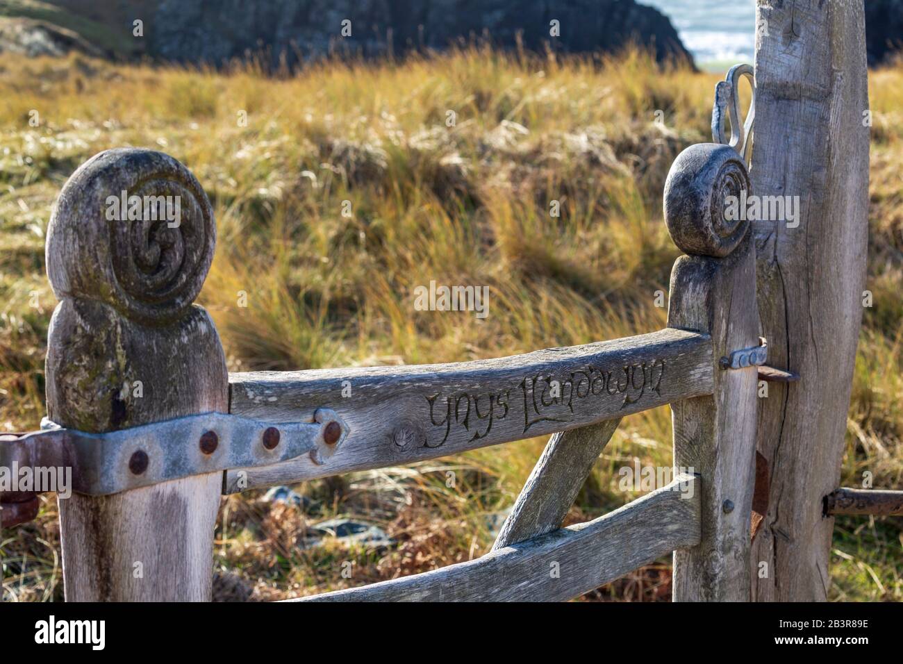 Particolare del cancello d'ingresso in legno intagliato sull'isola di Llanddwyn, Anglesey, Galles Foto Stock