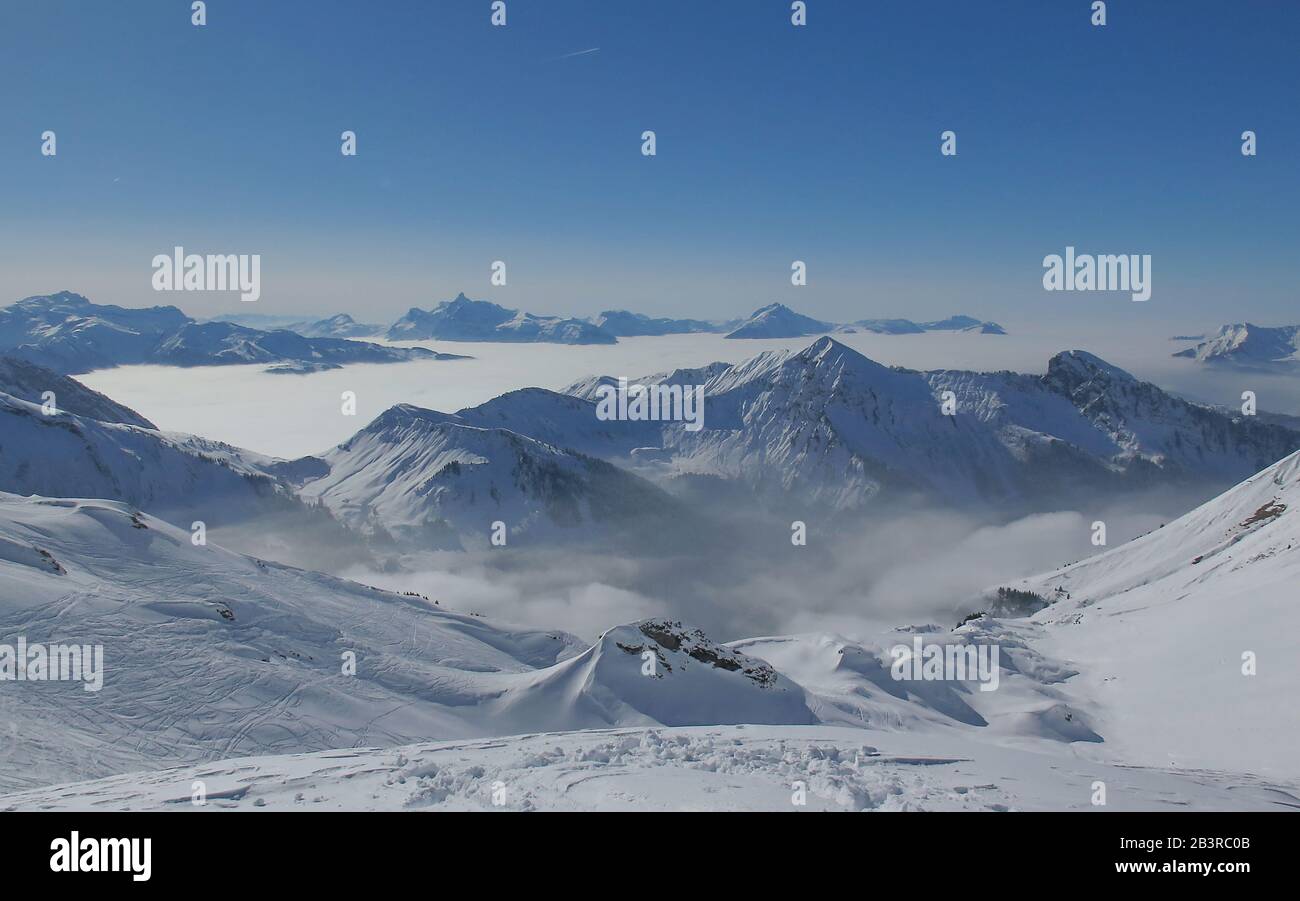 Skigebiet Portes du Soleil, Haute-Savoie, Frankreich Foto Stock