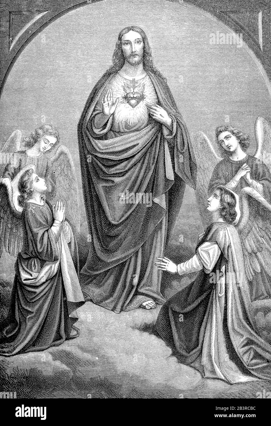 Gesù culto del cuore, dipinto allegorico religioso con Cristo che mostra il suo cuore circondato da angeli preganti Foto Stock