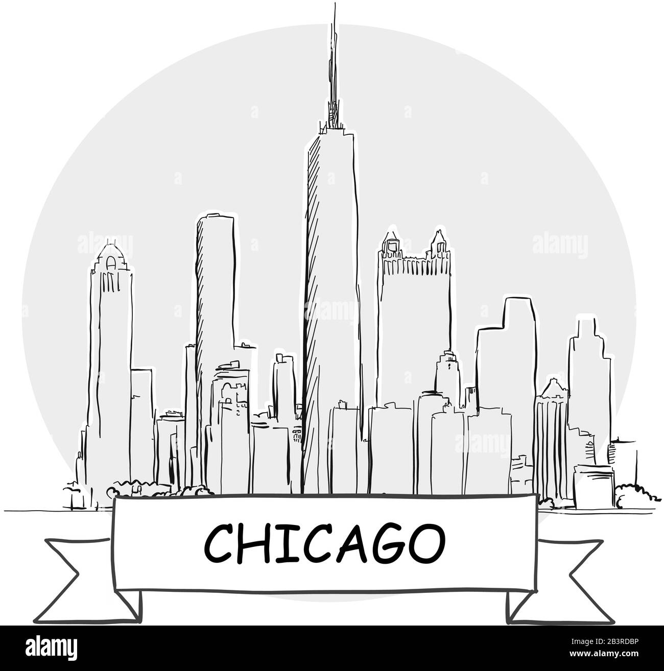 Segno Vettore Urbano Disegnato A Mano Di Chicago. Illustrazione Della Linea Nera Con Barra Multifunzione E Titolo. Illustrazione Vettoriale