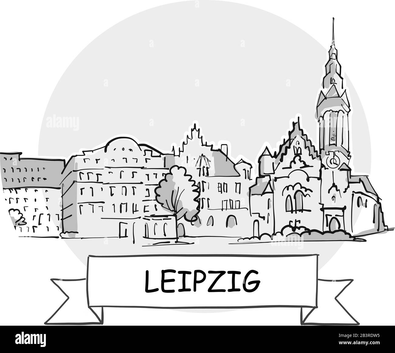 Segno Vettore Urbano Disegnato A Mano A Lipsia. Illustrazione Della Linea Nera Con Barra Multifunzione E Titolo. Illustrazione Vettoriale