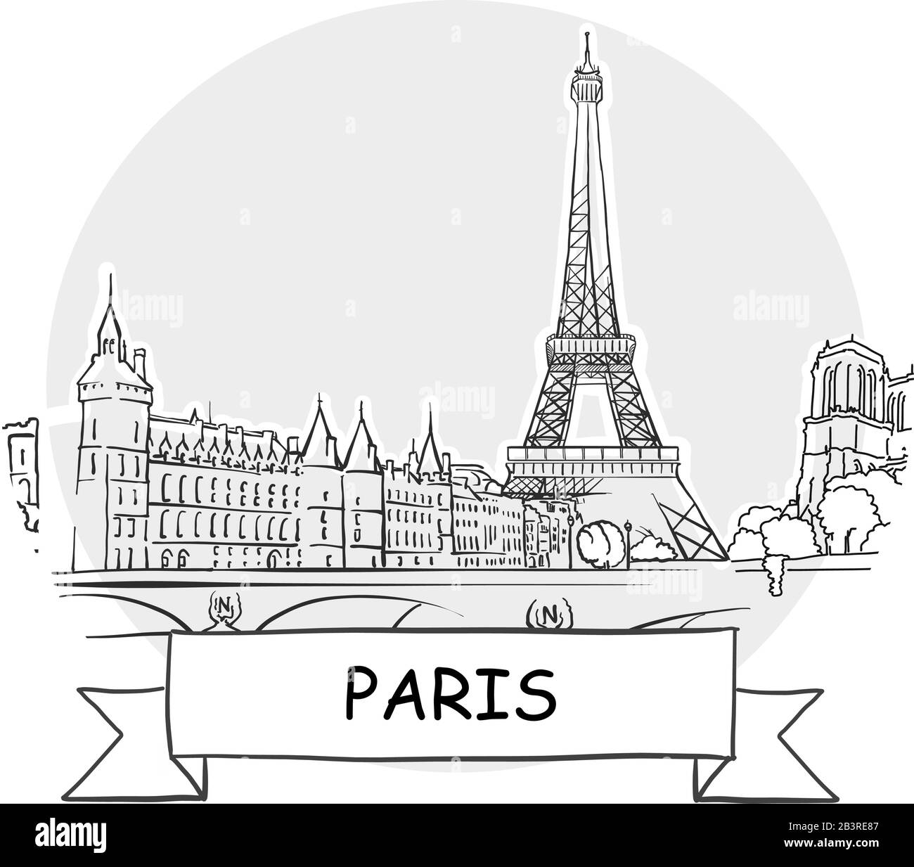 Segno Vettore Urbano Disegnato A Mano A Parigi. Illustrazione Della Linea Nera Con Barra Multifunzione E Titolo. Illustrazione Vettoriale