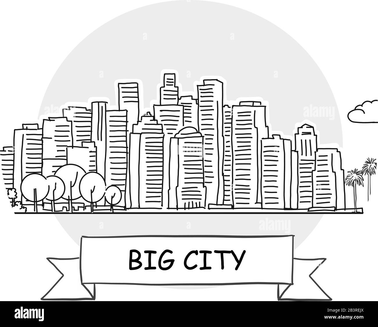 Grande Città Disegnato A Mano Urban Vector Sign. Illustrazione Della Linea Nera Con Barra Multifunzione E Titolo. Illustrazione Vettoriale