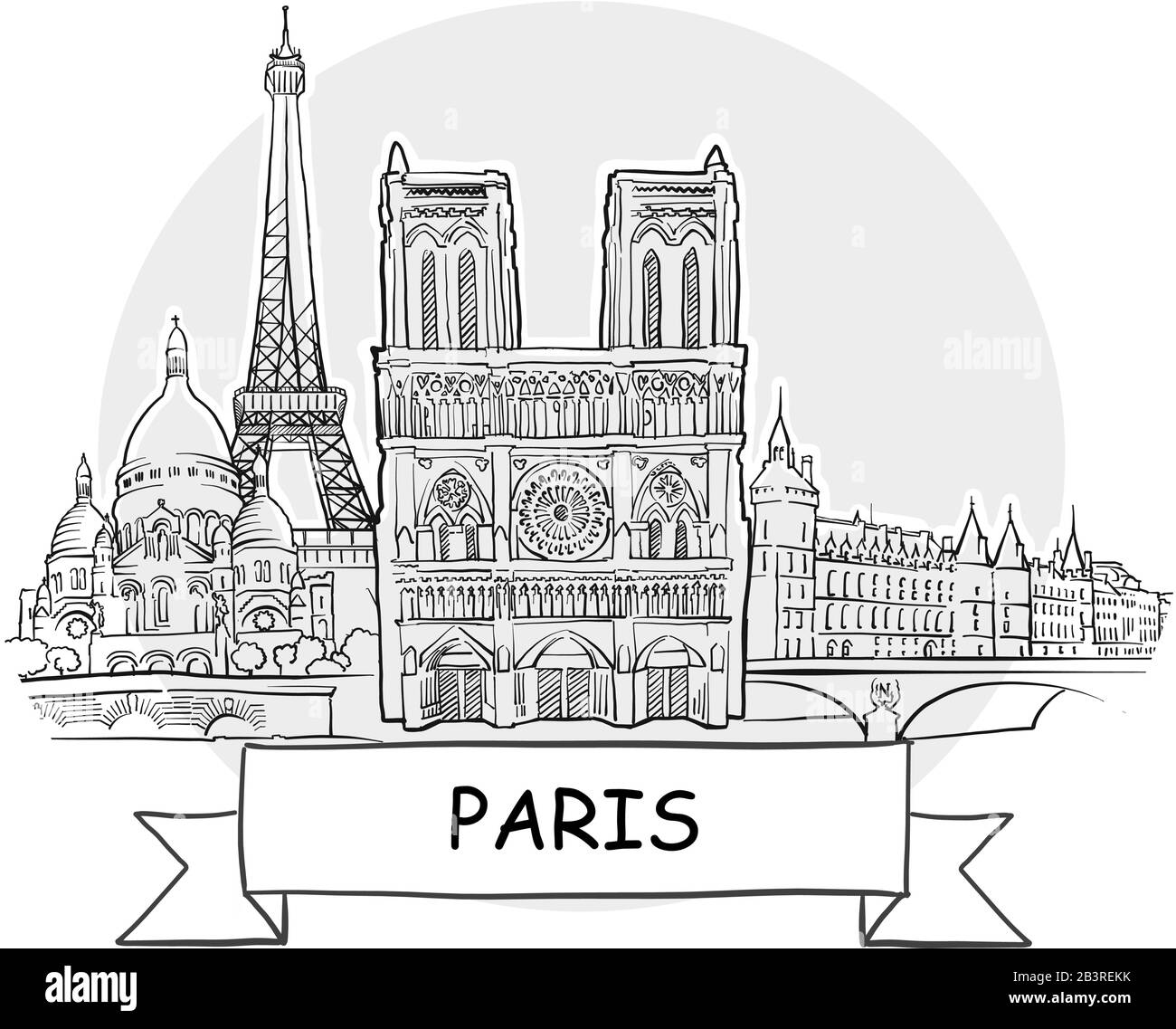 Segno Vettore Urbano Disegnato A Mano A Parigi. Illustrazione Della Linea Nera Con Barra Multifunzione E Titolo. Illustrazione Vettoriale