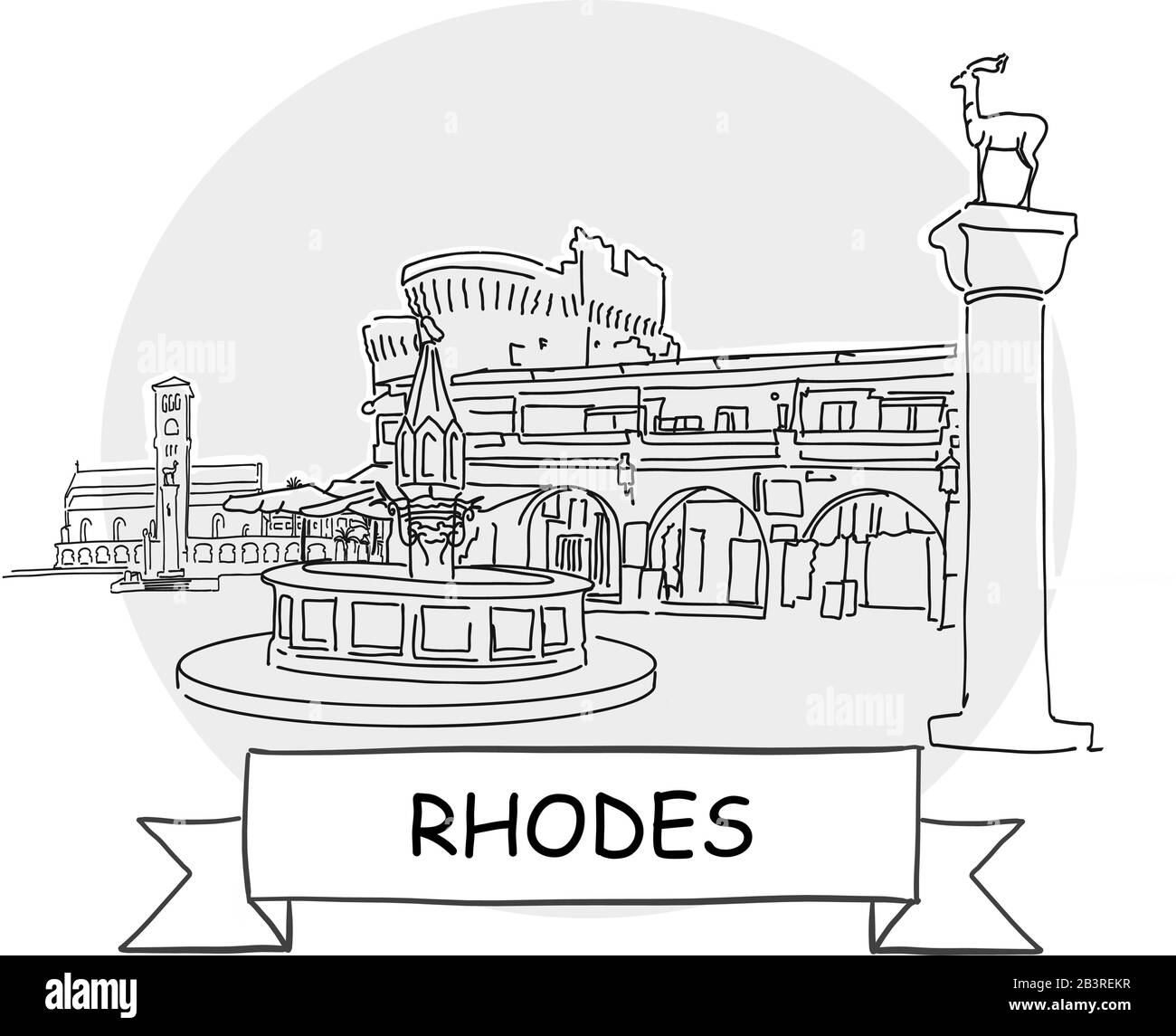 Rhodes Disegnato A Mano Urban Vector Sign. Illustrazione Della Linea Nera Con Barra Multifunzione E Titolo. Illustrazione Vettoriale