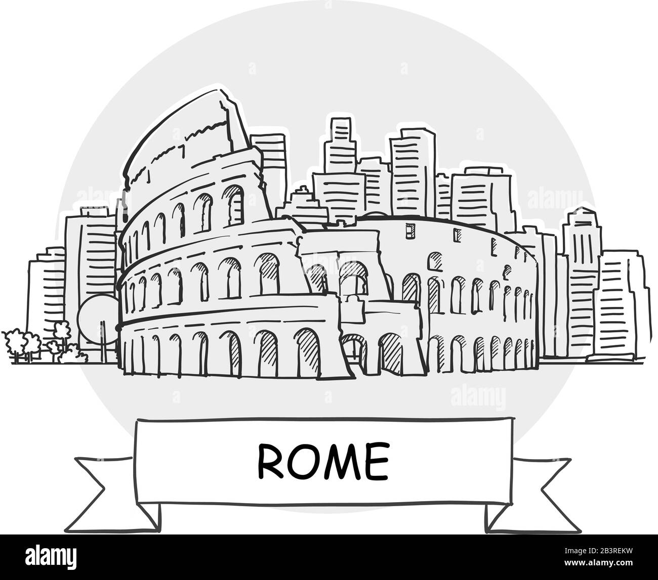 Roma Disegnato A Mano Urban Vector Sign. Illustrazione Della Linea Nera Con Barra Multifunzione E Titolo. Illustrazione Vettoriale