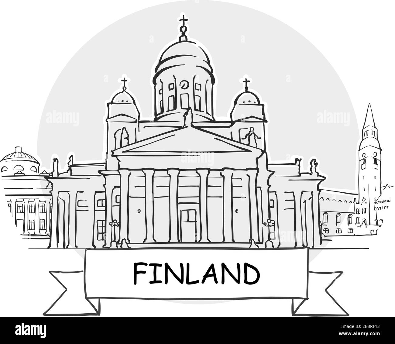 Finlandia Segno Vettore Urbano Disegnato A Mano. Illustrazione Della Linea Nera Con Barra Multifunzione E Titolo. Illustrazione Vettoriale