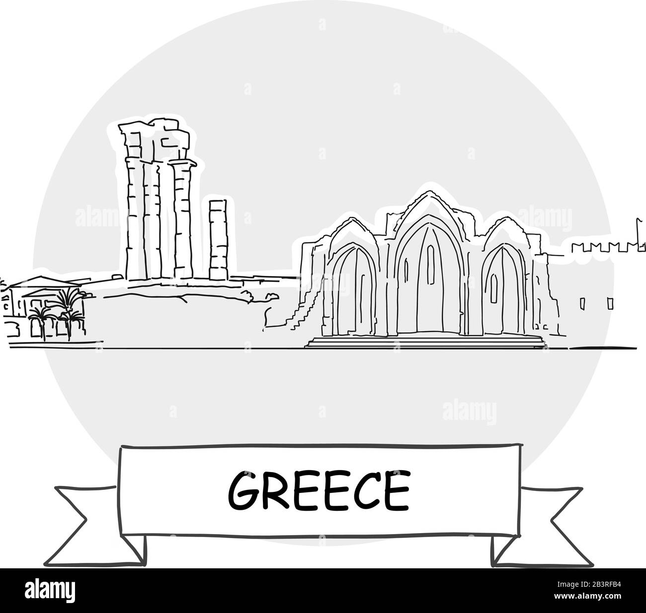 Grecia Segno Vettore Urbano Disegnato A Mano. Illustrazione Della Linea Nera Con Barra Multifunzione E Titolo. Illustrazione Vettoriale