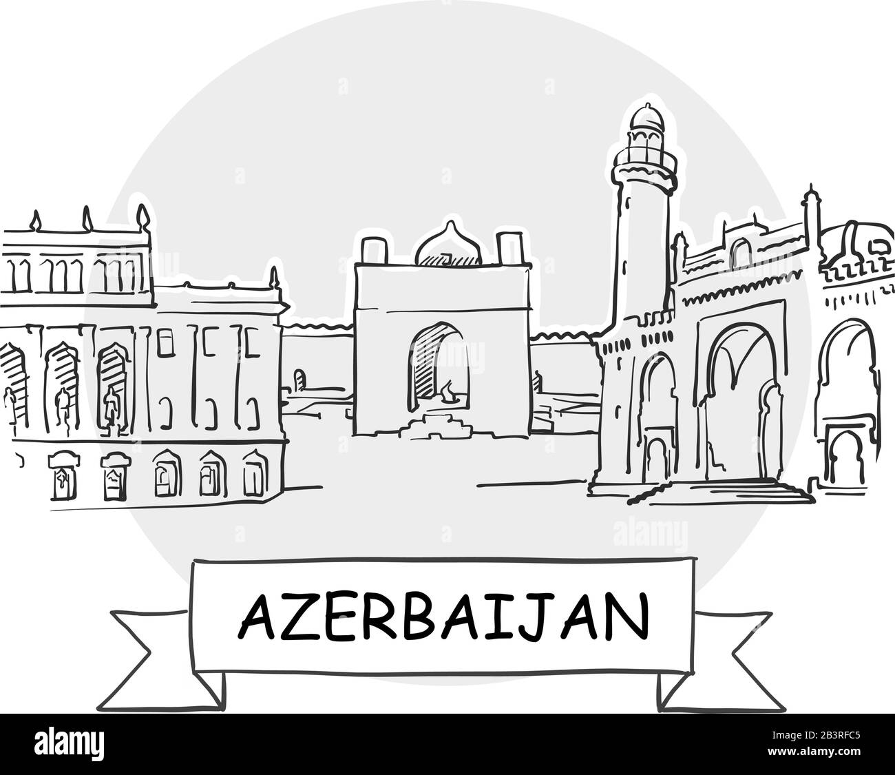Azerbaigian Disegnato A Mano Urban Vector Sign. Illustrazione Della Linea Nera Con Barra Multifunzione E Titolo. Illustrazione Vettoriale