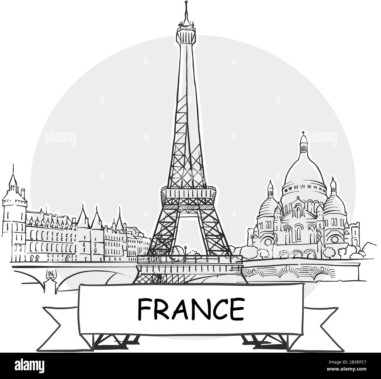 Segno Vettore Urbano Disegnato A Mano In Francia. Illustrazione Della Linea Nera Con Barra Multifunzione E Titolo. Illustrazione Vettoriale