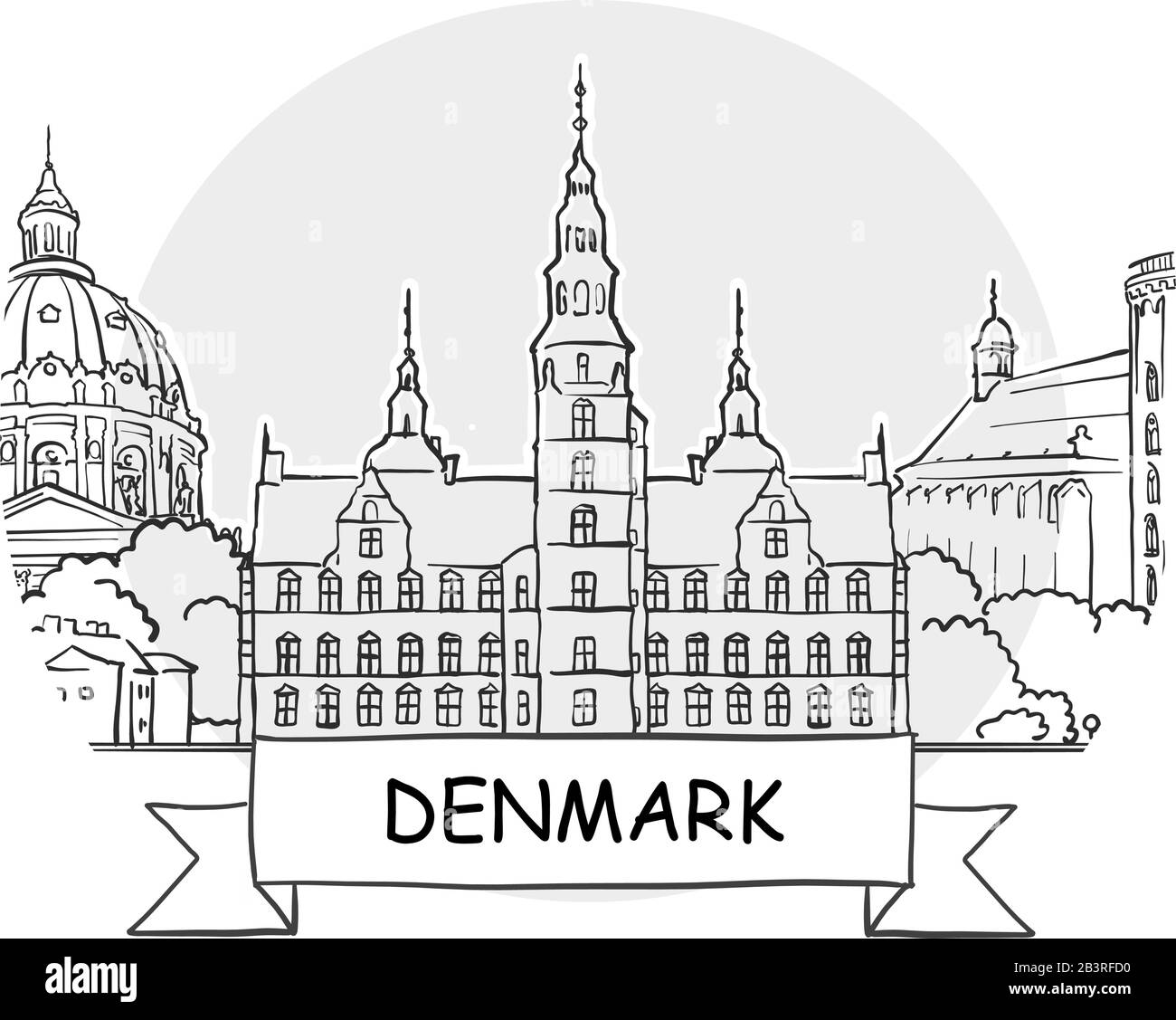 Danimarca Segno Vettore Urbano Disegnato A Mano. Illustrazione Della Linea Nera Con Barra Multifunzione E Titolo. Illustrazione Vettoriale