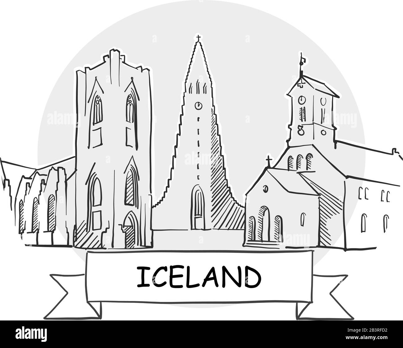 Islanda Tratto A Mano Urban Vector Sign. Illustrazione Della Linea Nera Con Barra Multifunzione E Titolo. Illustrazione Vettoriale