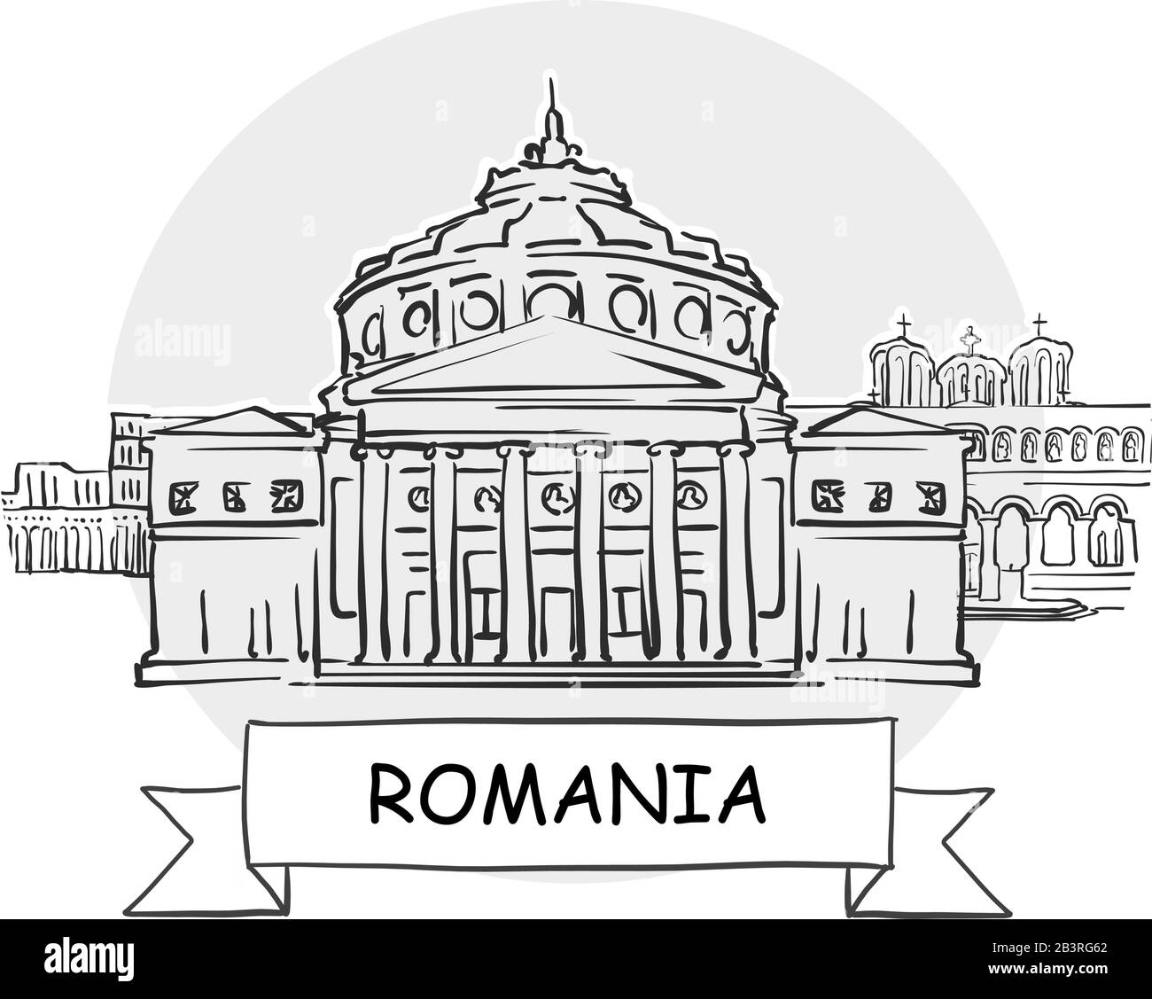Romania Tratto A Mano Urban Vector Sign. Illustrazione Della Linea Nera Con Barra Multifunzione E Titolo. Illustrazione Vettoriale