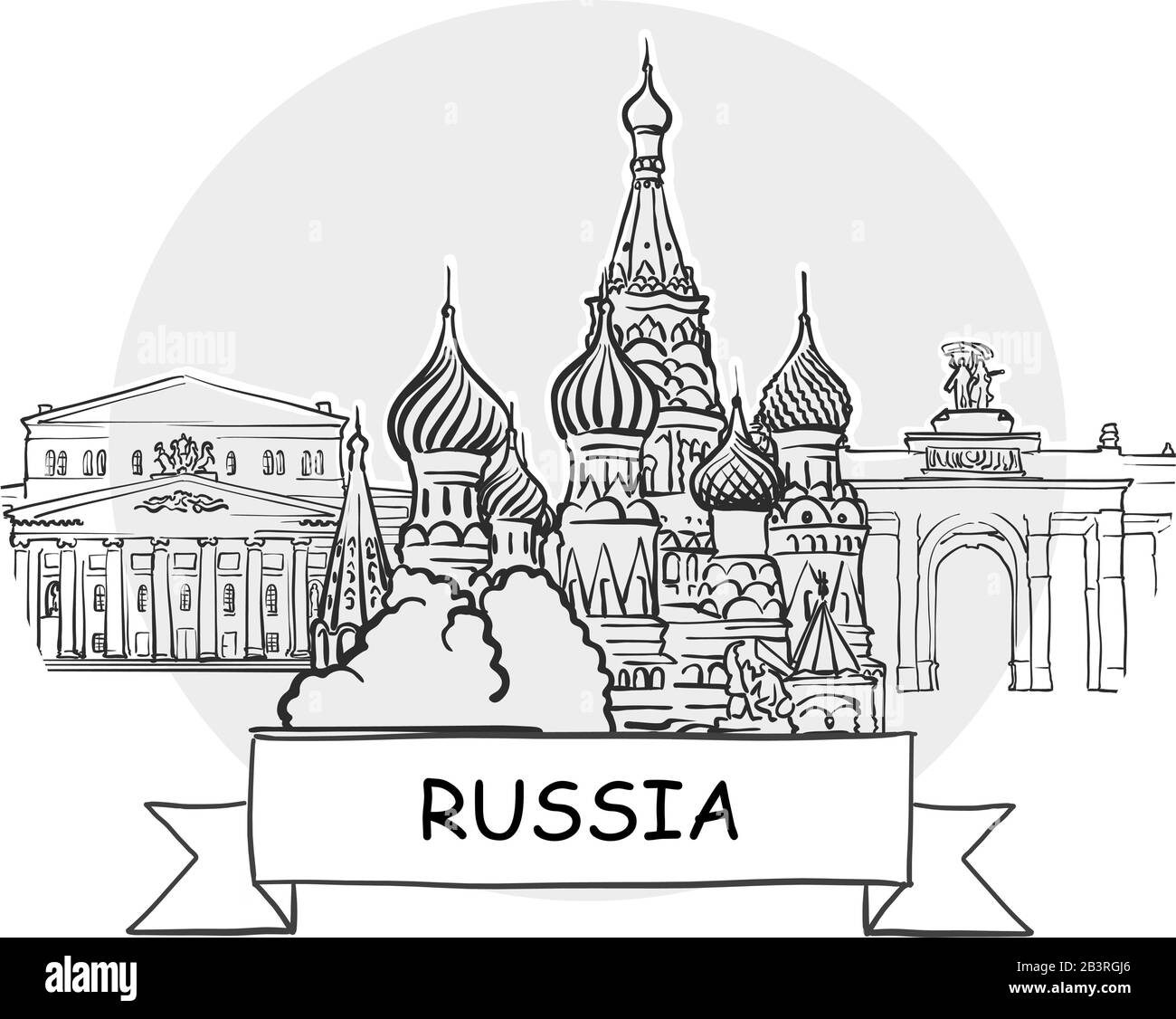 Russia Segno Vettore Urbano Disegnato A Mano. Illustrazione Della Linea Nera Con Barra Multifunzione E Titolo. Illustrazione Vettoriale