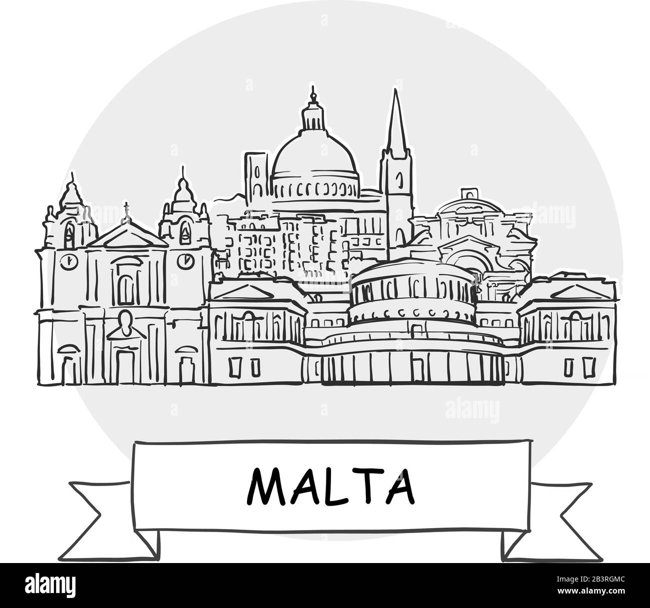 Segno Vettore Urbano Disegnato A Mano A Malta. Illustrazione Della Linea Nera Con Barra Multifunzione E Titolo. Illustrazione Vettoriale