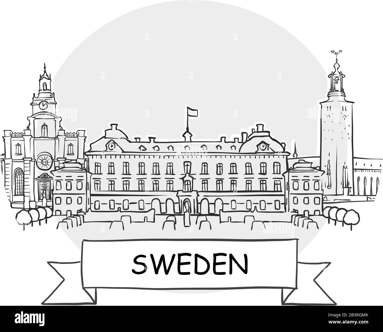 Segno Vettore Urbano Disegnato A Mano In Svezia. Illustrazione Della Linea Nera Con Barra Multifunzione E Titolo. Illustrazione Vettoriale