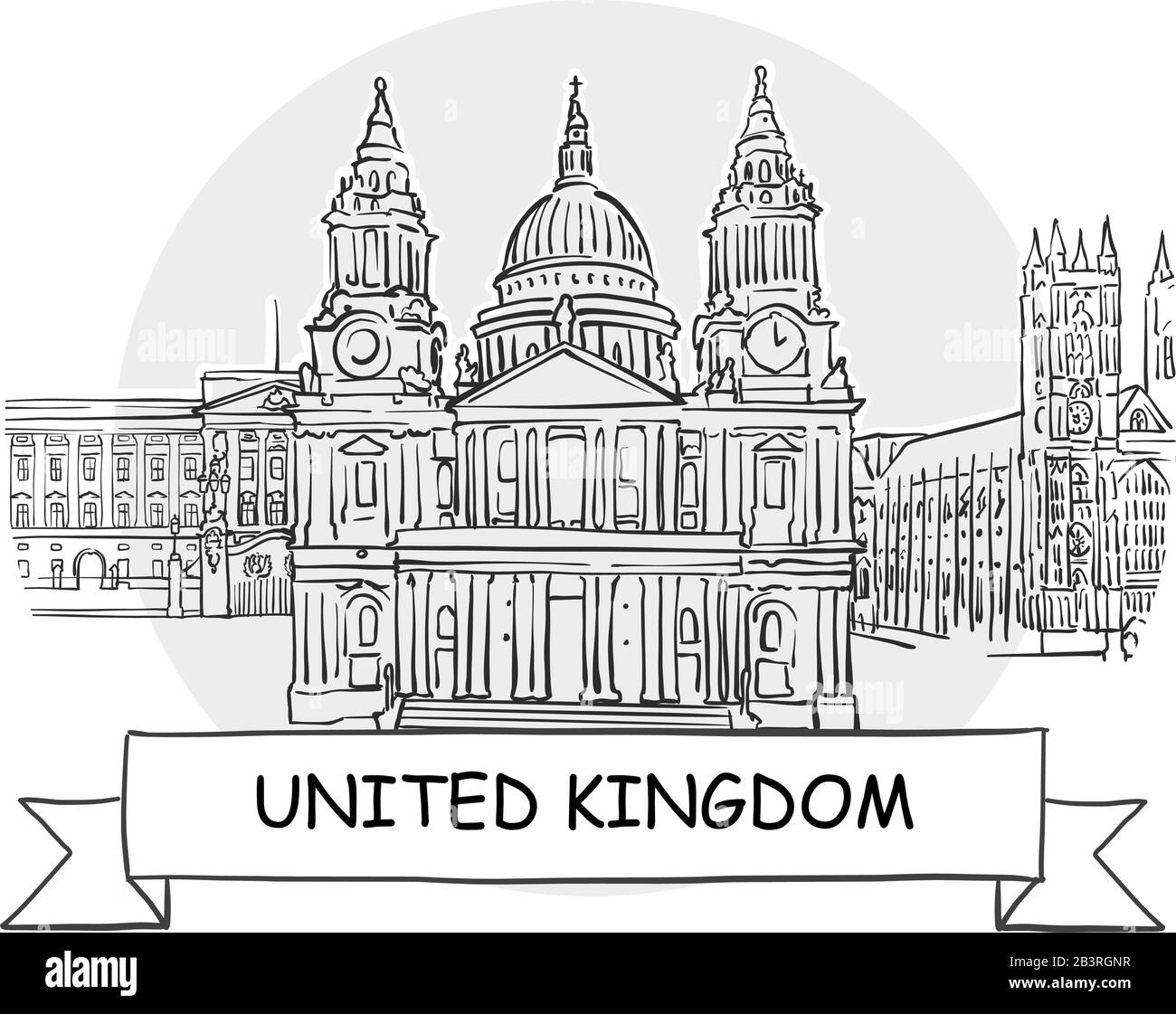 Regno Unito Segno Vettore Urbano Disegnato A Mano. Illustrazione Della Linea Nera Con Barra Multifunzione E Titolo. Illustrazione Vettoriale