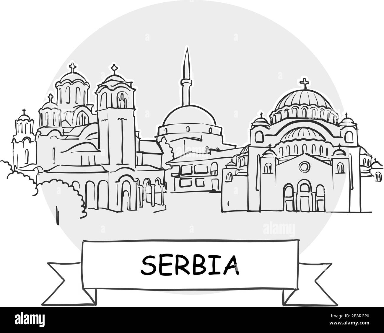 Serbia Disegnato A Mano Urban Vector Sign. Illustrazione Della Linea Nera Con Barra Multifunzione E Titolo. Illustrazione Vettoriale