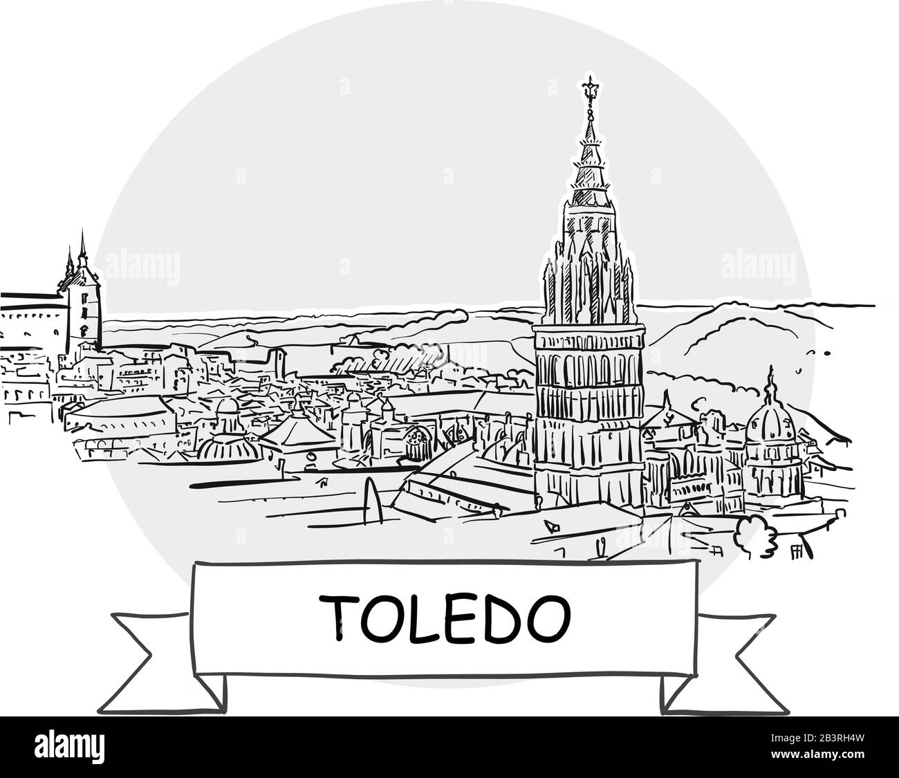 Segno Vettore Urbano Disegnato A Mano A Toledo. Illustrazione Della Linea Nera Con Barra Multifunzione E Titolo. Illustrazione Vettoriale