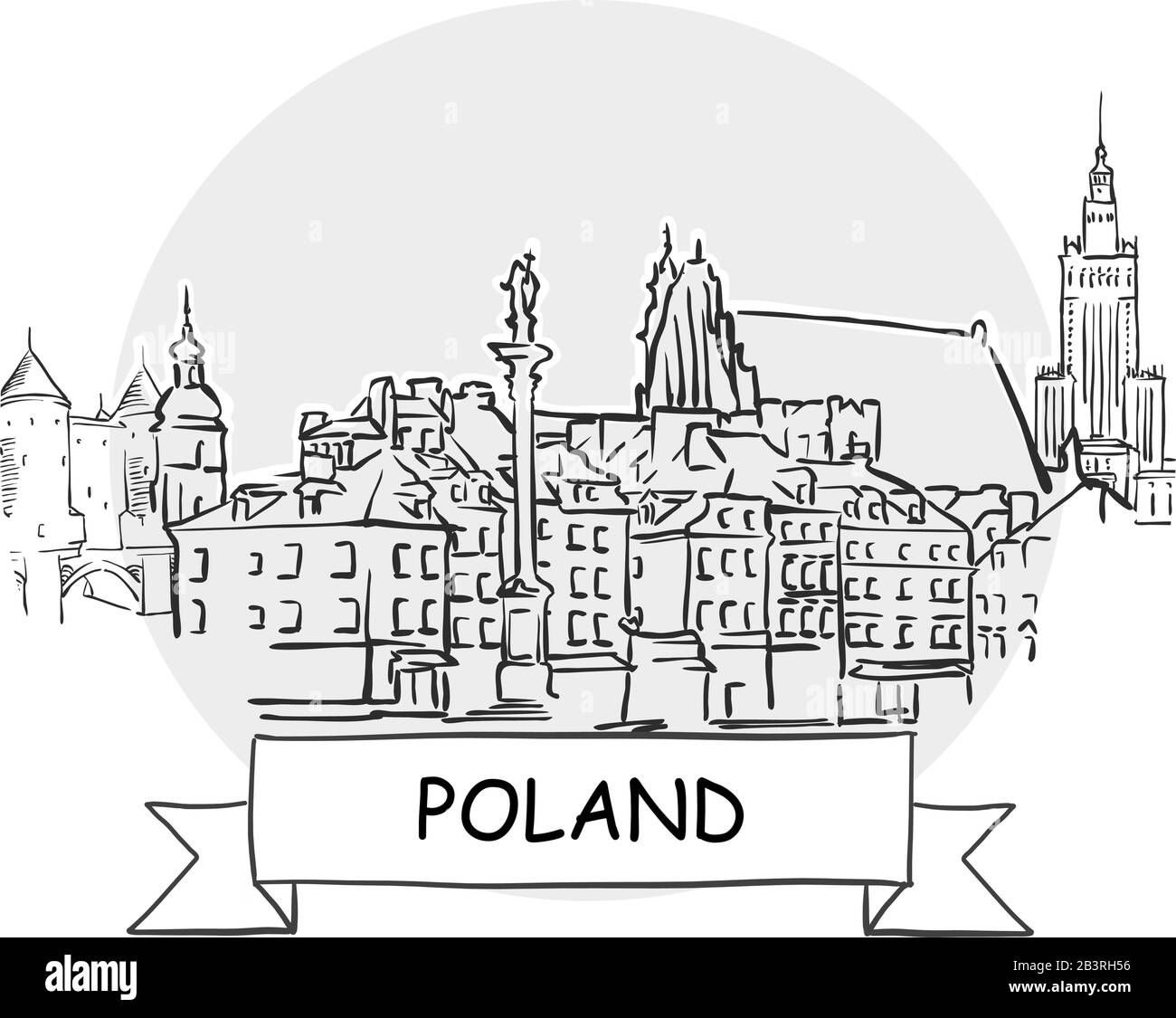 Segno Vettore Urbano Disegnato A Mano In Polonia. Illustrazione Della Linea Nera Con Barra Multifunzione E Titolo. Illustrazione Vettoriale