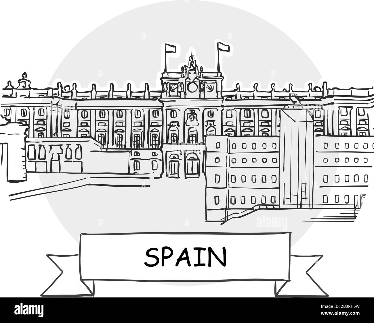 Spagna Disegnato A Mano Urban Vector Sign. Illustrazione Della Linea Nera Con Barra Multifunzione E Titolo. Illustrazione Vettoriale