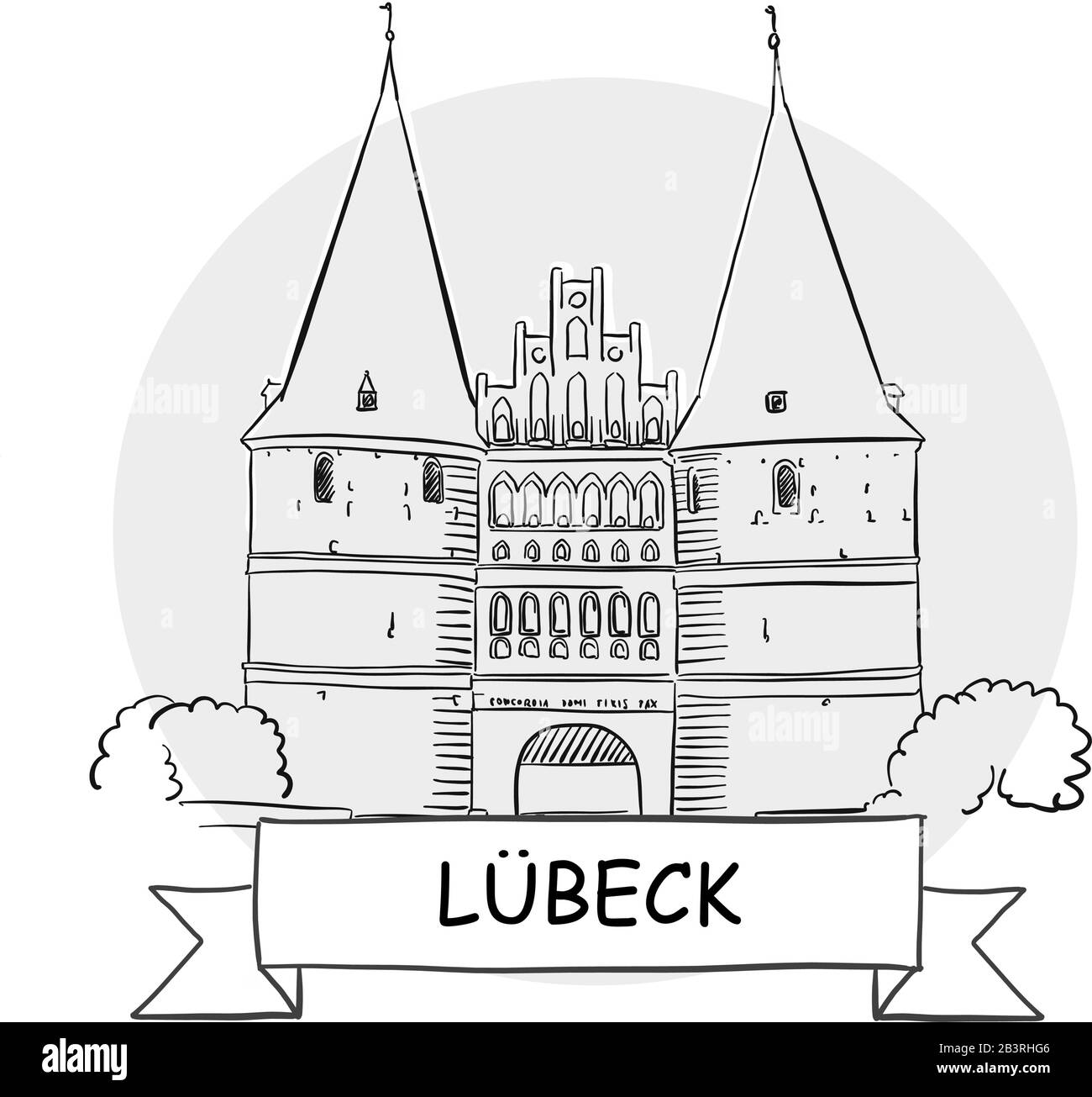 Segno Vettore Urbano Disegnato A Mano Lubeck. Illustrazione Della Linea Nera Con Barra Multifunzione E Titolo. Illustrazione Vettoriale