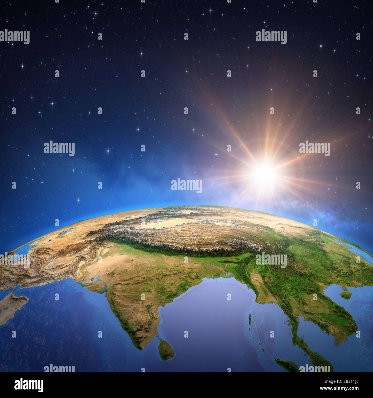 Superficie del pianeta Terra visto da un satellite, focalizzato sull'Asia orientale, il sole che sorge all'orizzonte. Mappa fisica delle montagne dell'Himalaya, India e C. Foto Stock