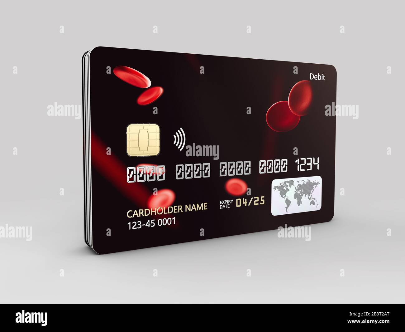 Rendering 3D della carta di credito con motivo del sangue astratto su sfondo grigio. Foto Stock