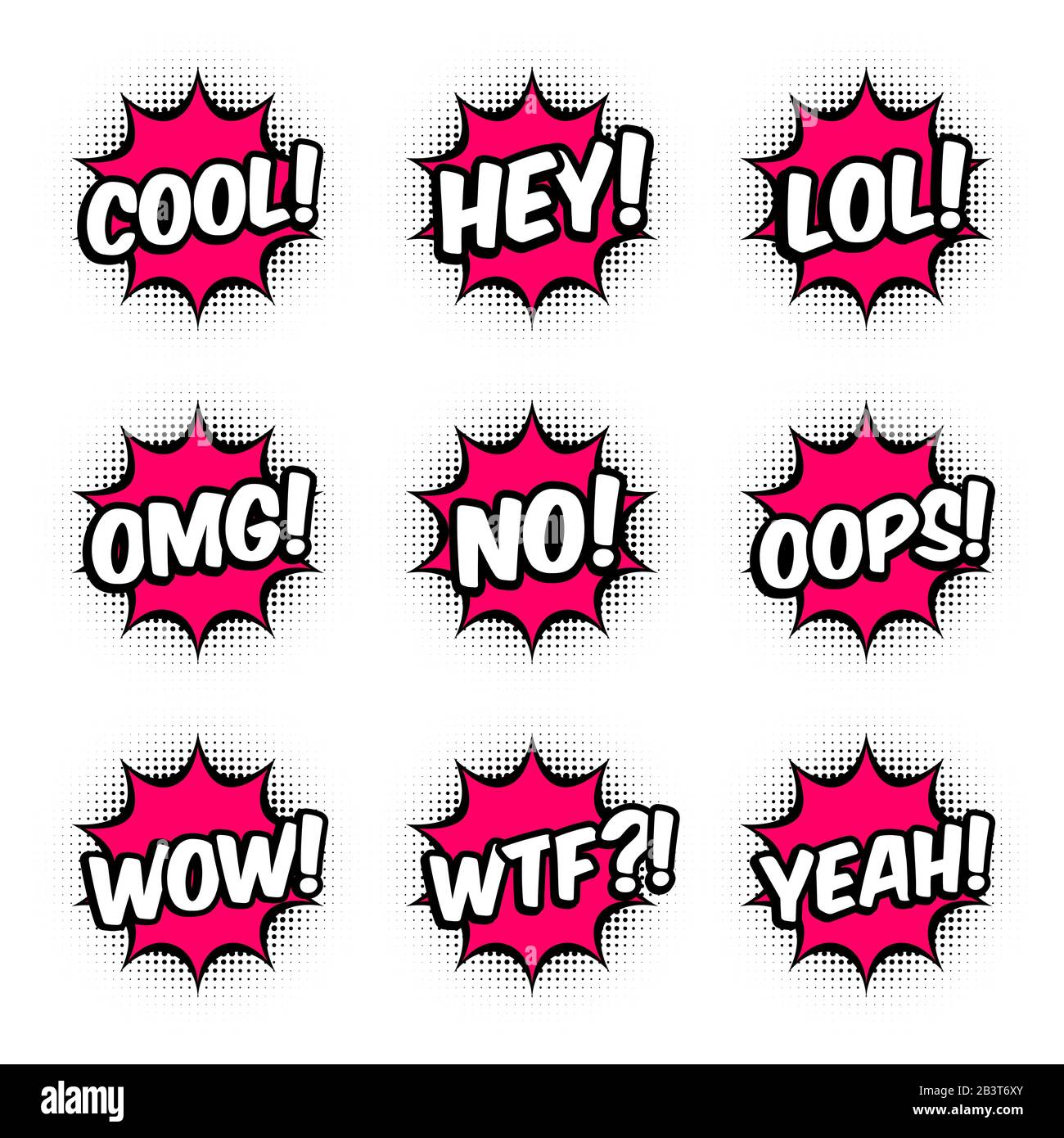 9 messaggi di stile comico in bolle di voce rosse. Set di adesivi per banner, web, poster. Fumetto pop art su sfondo a mezzitoni. Sfondo bianco. Illustrazione Vettoriale